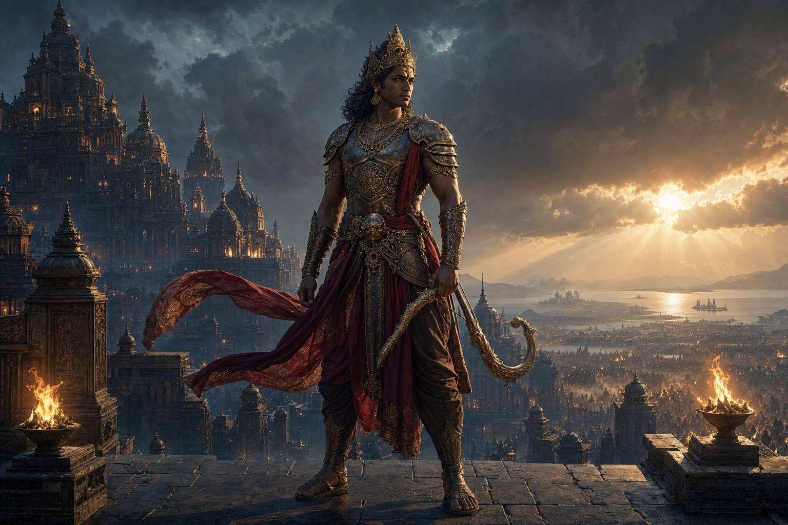 Indrajit stands with a lowered bow on a terrace in Lanka, between Ravana's torchlit palace and a distant battlefield at dawn.