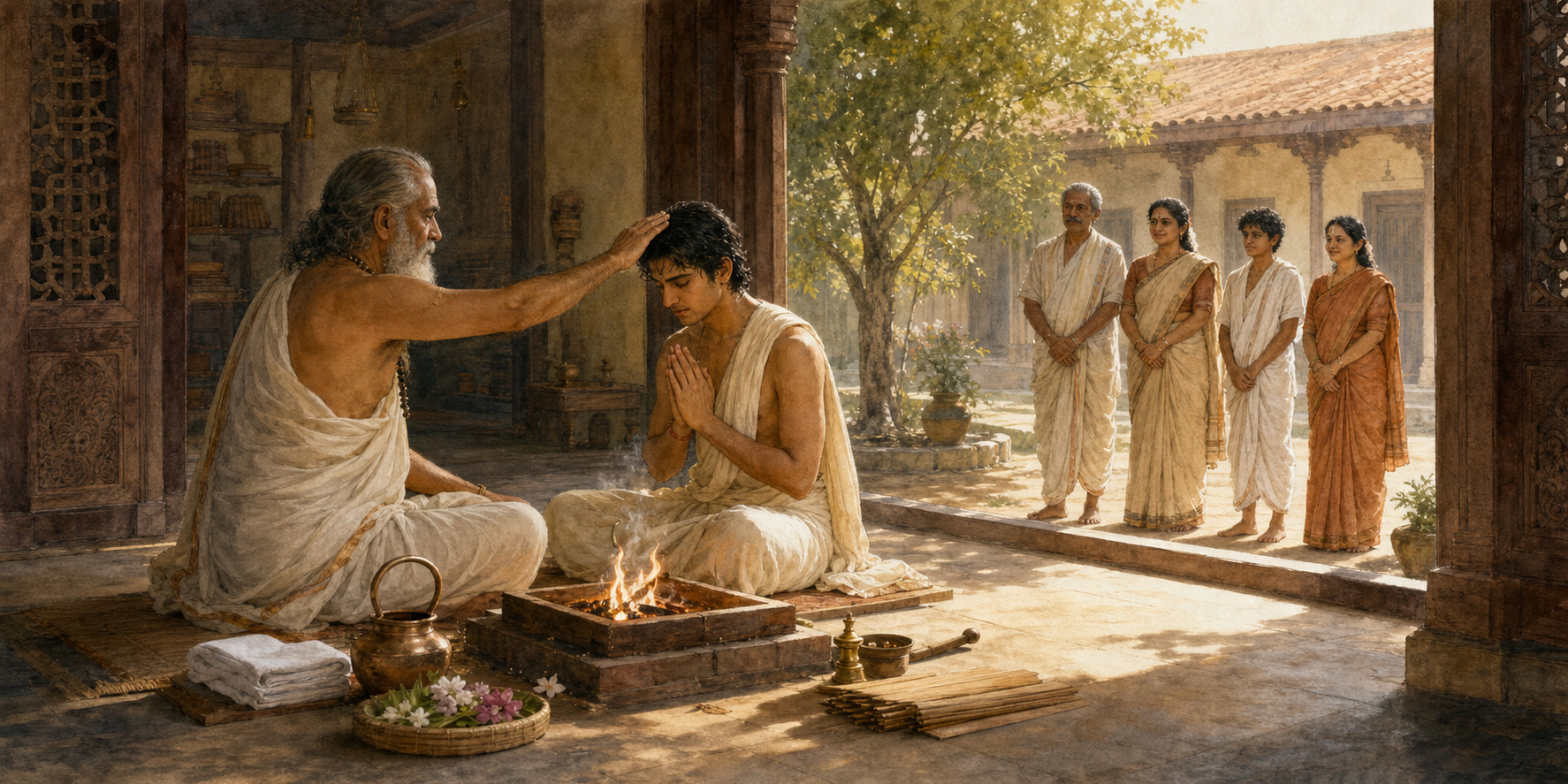 A young adult in fresh traditional garments receives a teacher's blessing beside a small ritual fire as family members wait in a sunlit courtyard.