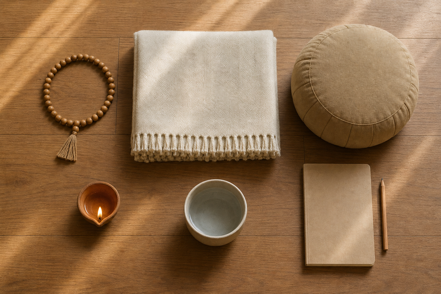 Two hands move a bead on a prayer mala arranged in three broad coils beside small clay bowls and a meditation cushion.