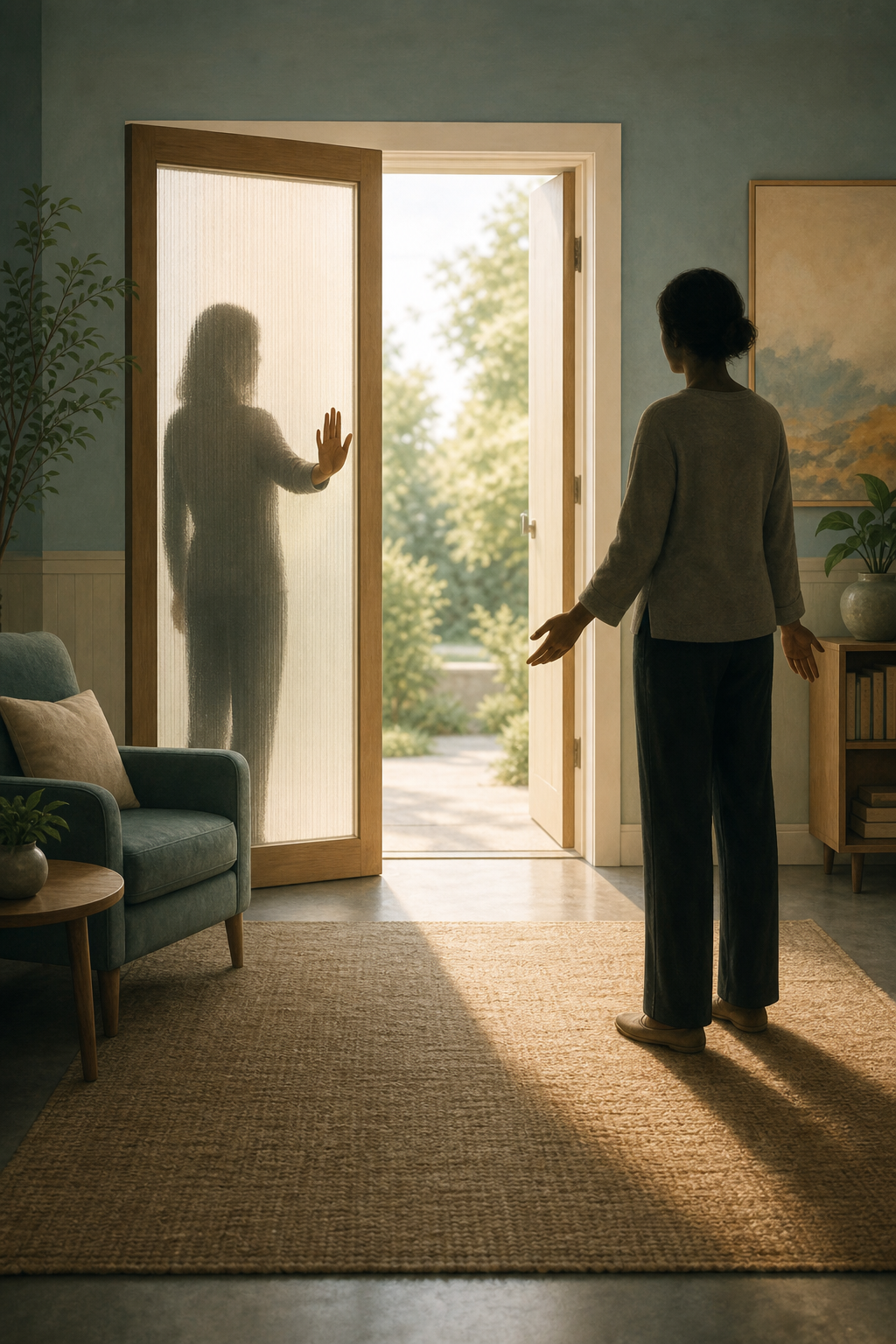 An anonymous woman stands with her hand on the handle of an open doorway leading into daylight.