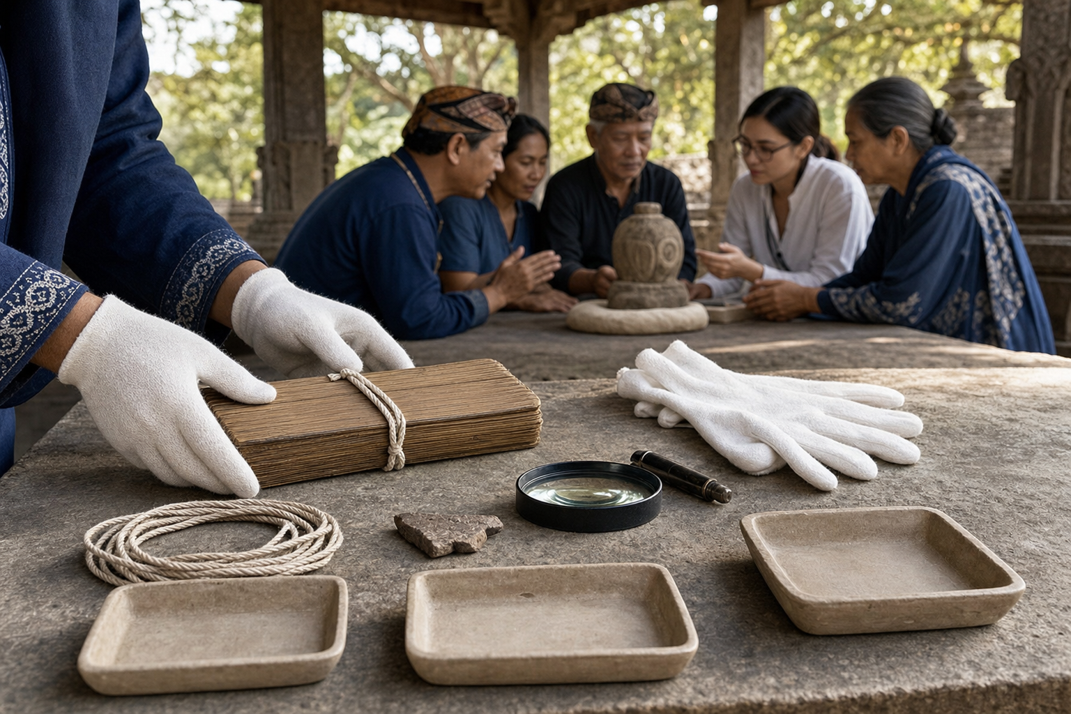 Careful hands arrange a manuscript bundle, artifact fragment, magnifying lens, gloves, and measuring tools while scholars and community custodians confer nearby.