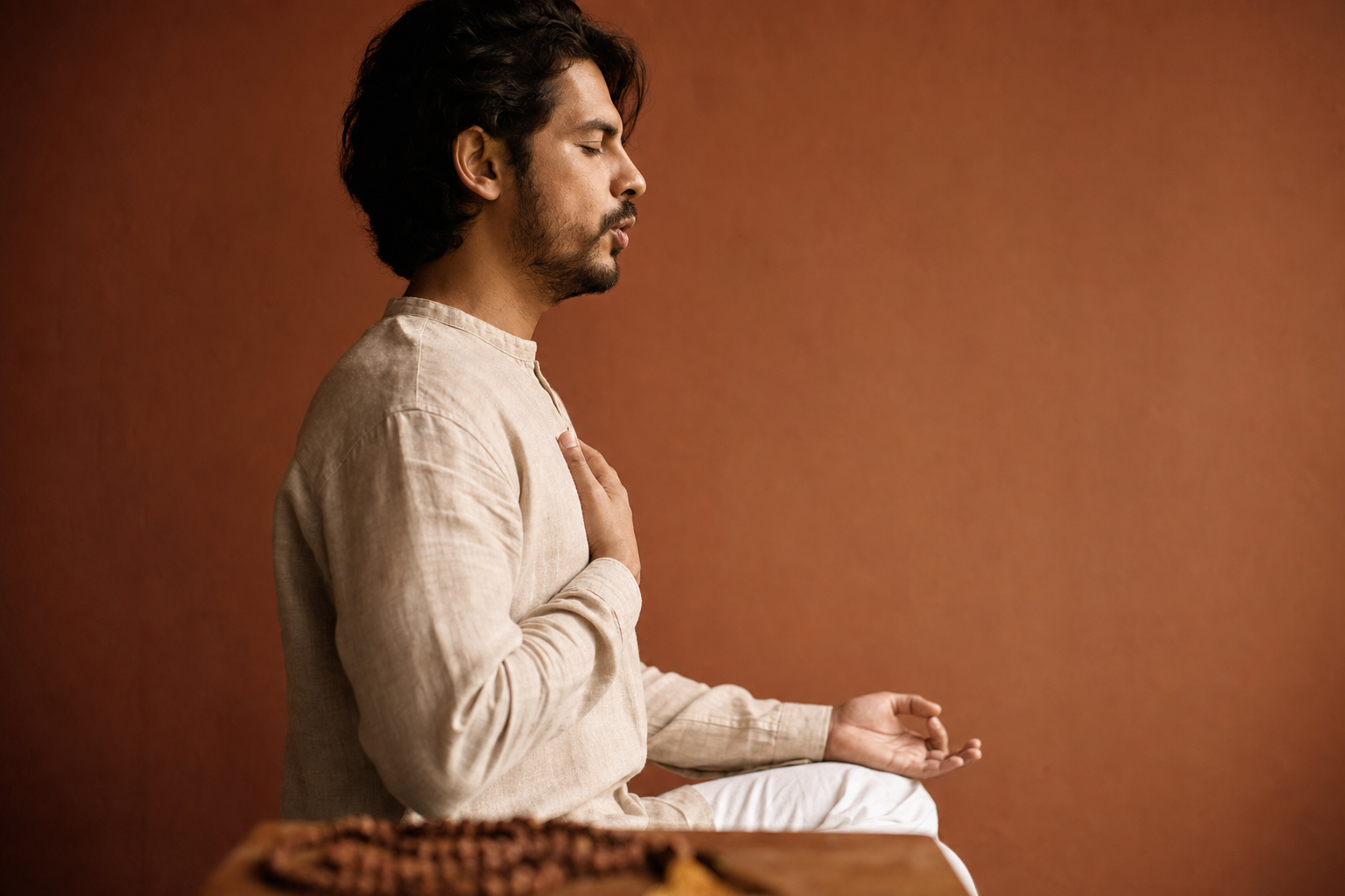 A seated practitioner chants softly in side profile with relaxed lips and shoulders, one hand resting lightly on the chest.
