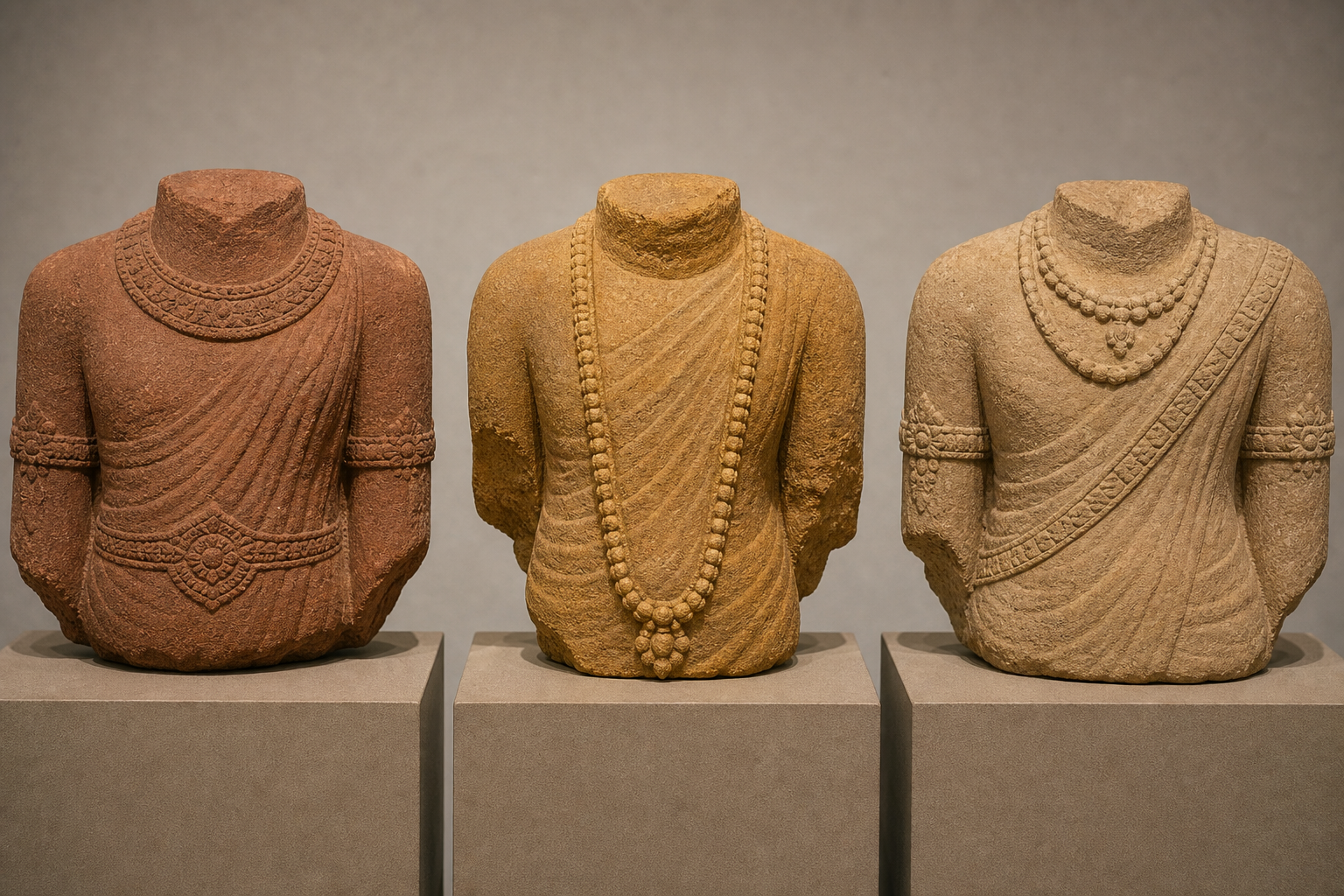 Three stone sculpted torsos displaying a close neck collar, a long central necklace, and a diagonal sacred thread with other body ornaments.