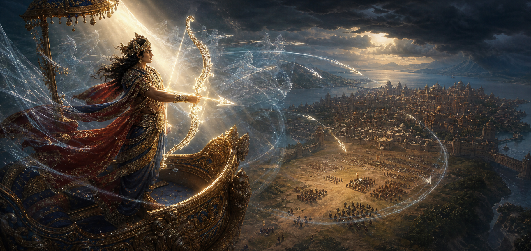 Indrajit rides an aerial chariot above Lanka as magical arrows circle him and soldiers appear far below.