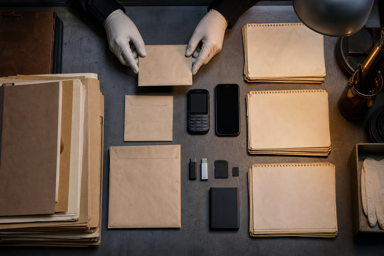 Gloved hands arrange phones, sealed envelopes, blank calendar pages and archival folders beneath a desk lamp.