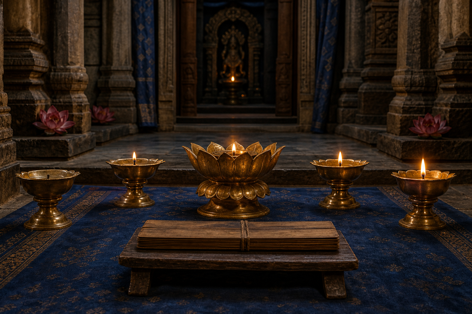 Four brass lamps surround a central lotus-shaped lamp beside a closed manuscript in a temple setting.