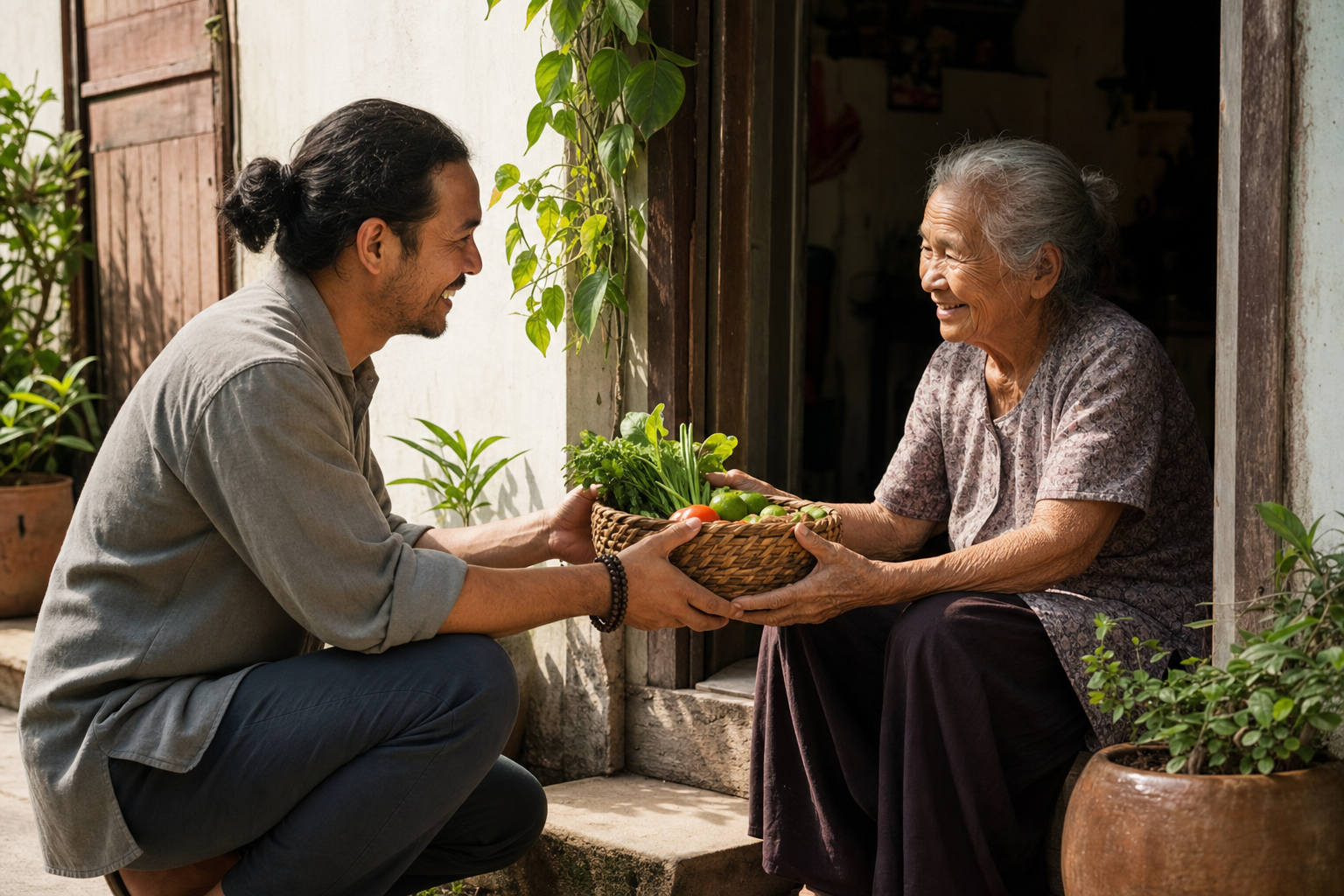 A person with prayer beads wrapped around the wrist shares a basket of fresh food with an elderly neighbor at a sunlit doorway.