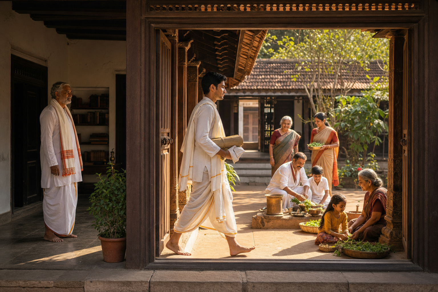 A young graduate leaves a shaded study courtyard and steps toward a sunlit household courtyard where family and neighbors work together.