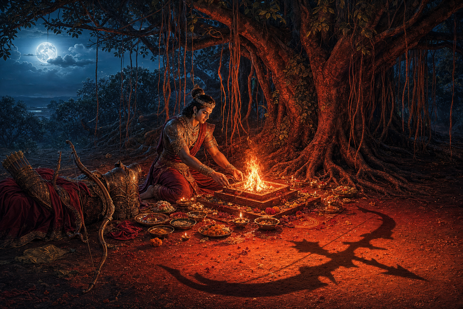 Indrajit kneels at a fire altar in the Nikumbhila grove while the ritual flame casts a weapon-like shadow.