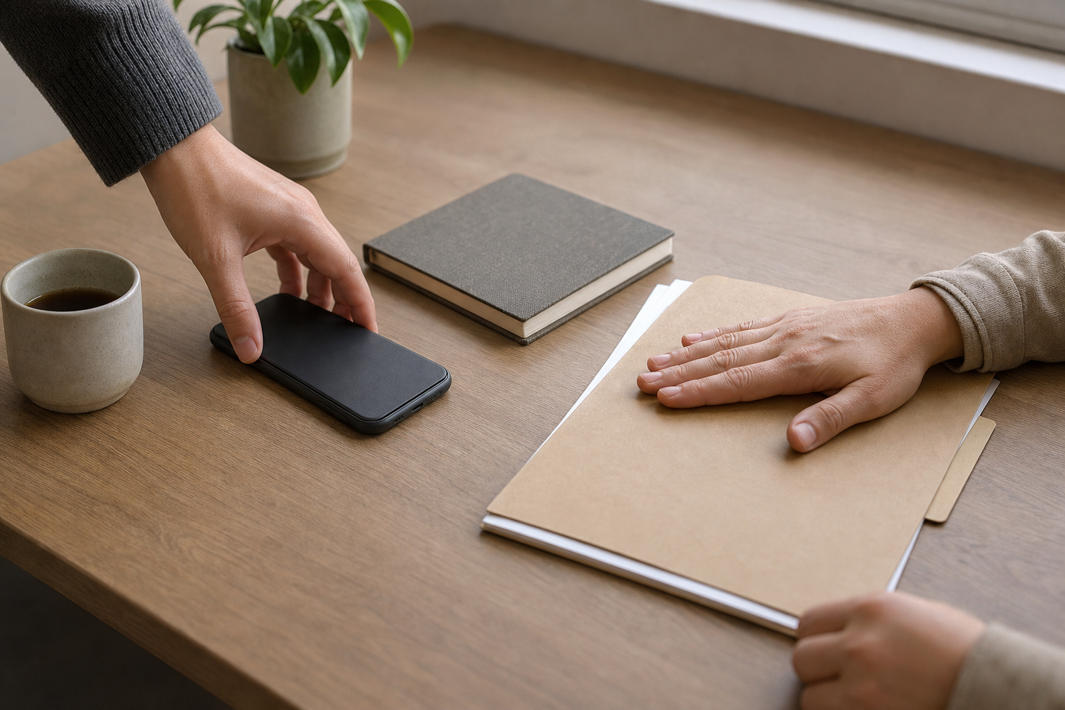 Hands place a smartphone face down and shield a closed case file on a quiet desk.