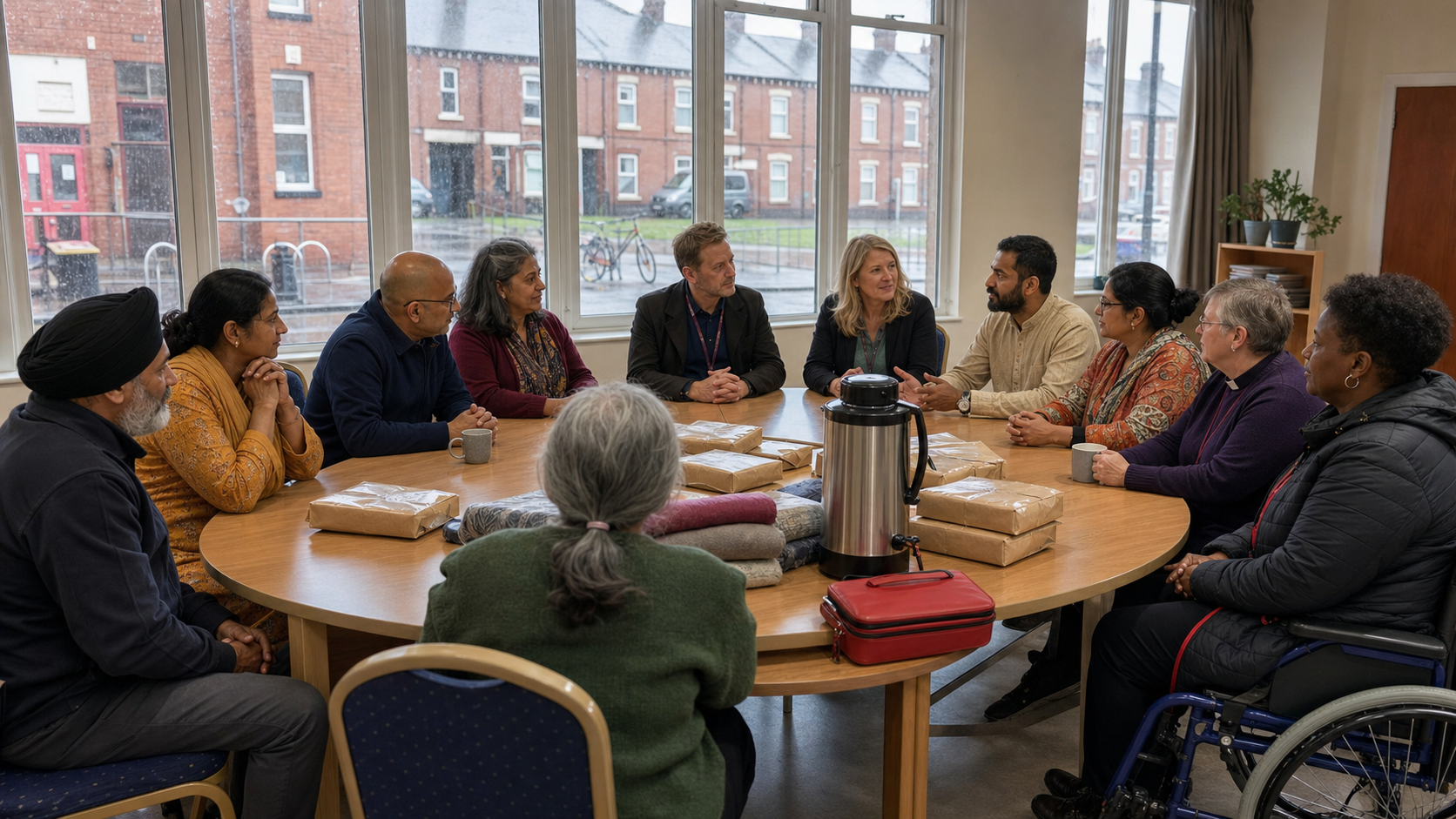 Dharmic institution volunteers and British civic representatives meet around a table in a community hall, with food parcels and other service supplies nearby.