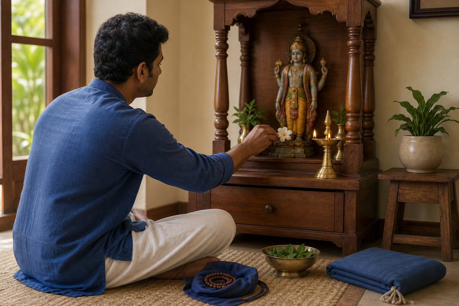 A householder offers a flower at a simple home Vishnu shrine beside prayer beads, tulasi leaves, and a wrapped sacred book.
