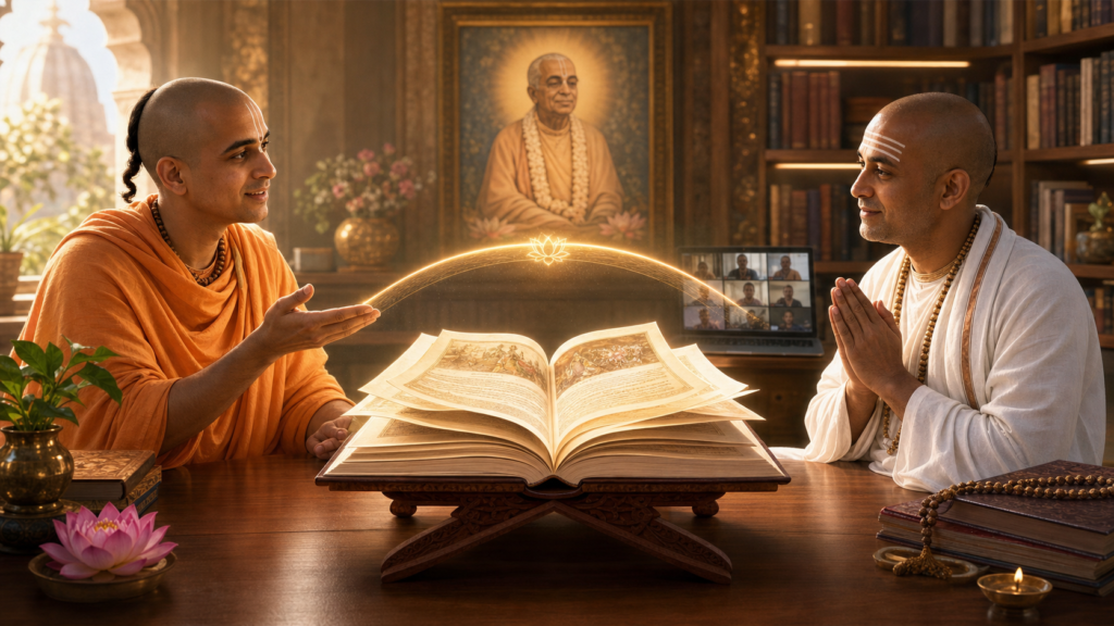 Vaishnava teacher and Hindu monk studying an open Bhagavad-gita in a warm devotional library