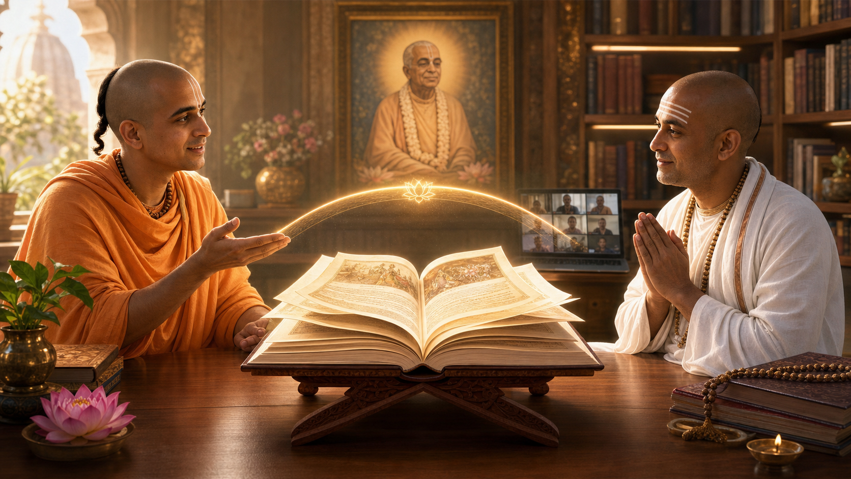 Vaishnava teacher and Hindu monk studying an open Bhagavad-gita in a warm devotional library