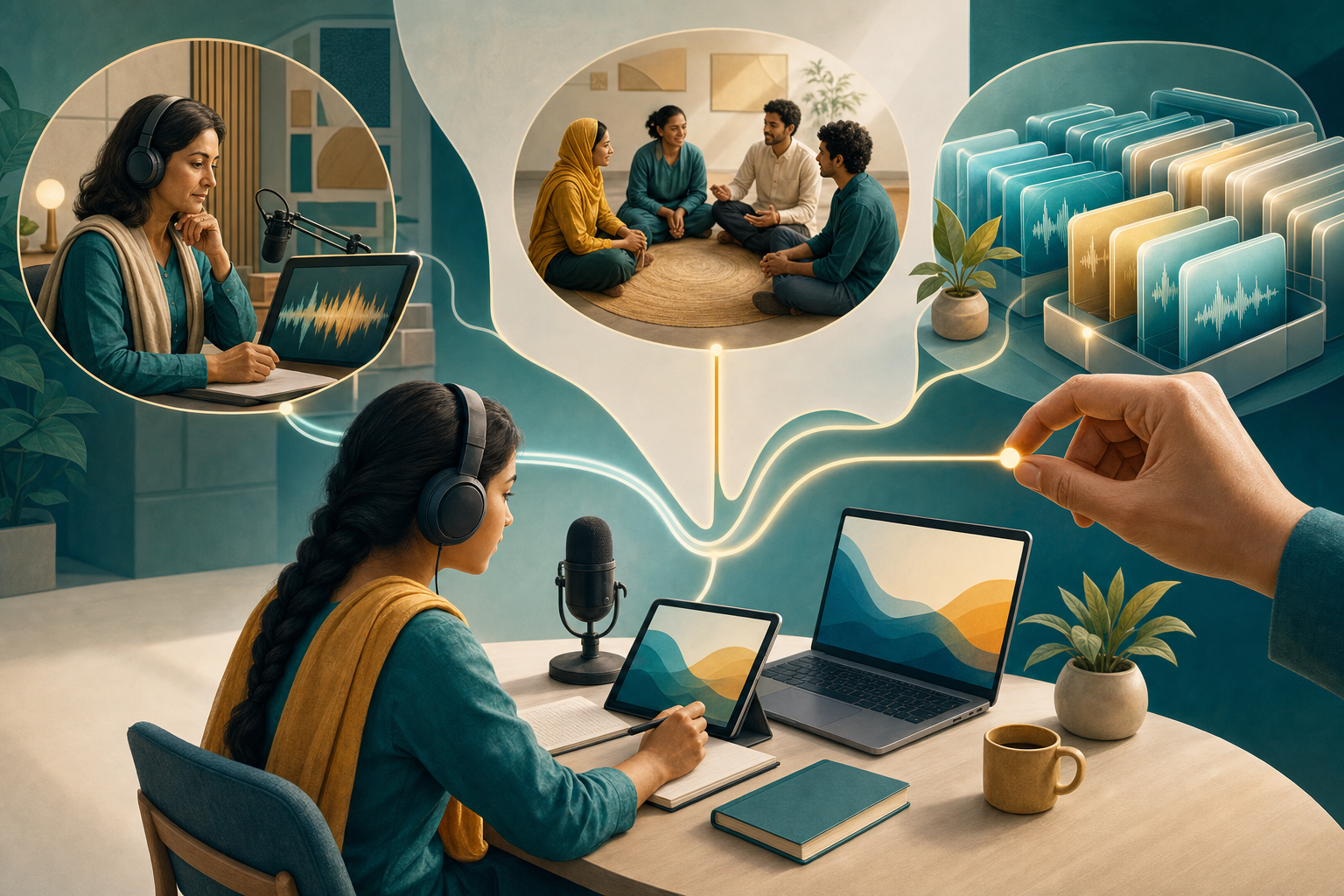 A headphone-wearing learner connects through digital devices to a teacher, a conversation group, and an organized audio archive.