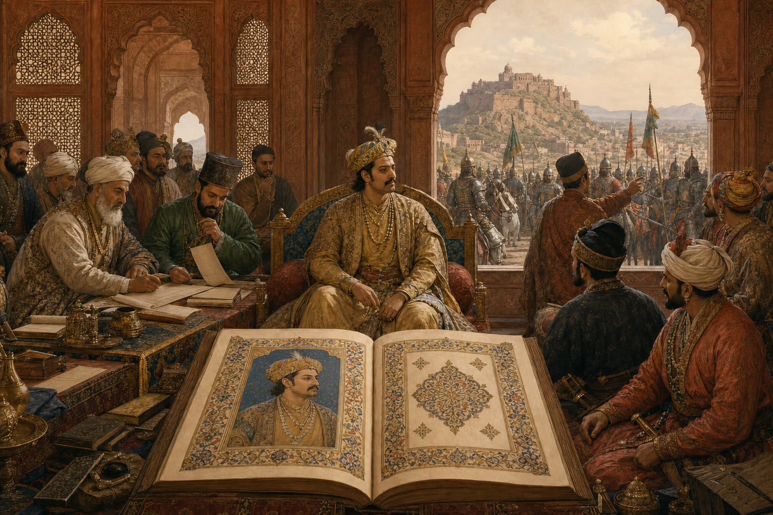 Akbar sits in a sandstone audience hall between court administrators and soldiers, with a distant fortress and an illustrated manuscript representing policy, conquest, and historical memory.
