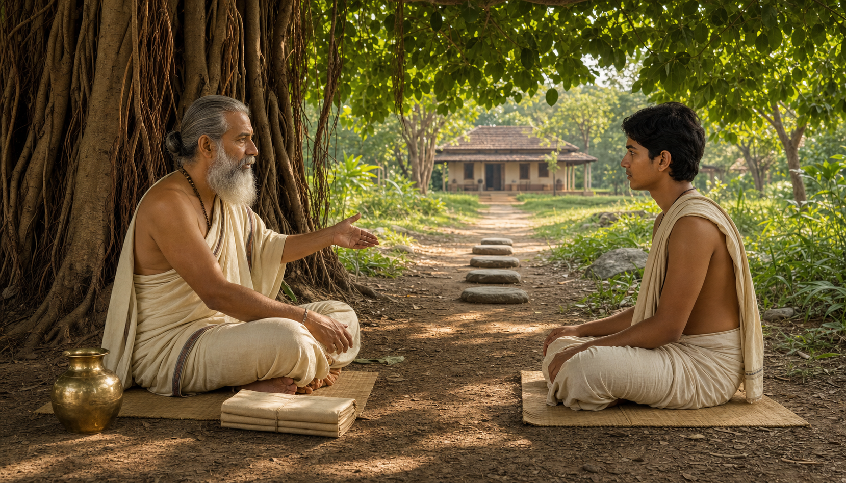 An acharya counsels a young Snataka beneath a banyan tree beside a brass vessel and a closed manuscript bundle.