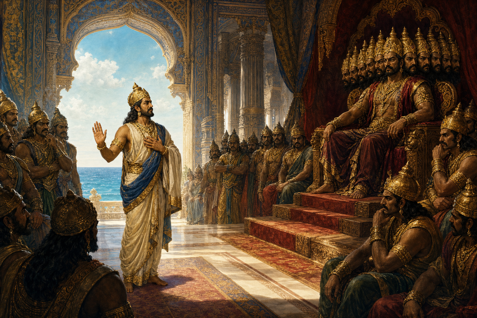 Vibhishana raises an open hand in counsel before Ravana as courtiers watch inside the royal hall of Lanka.