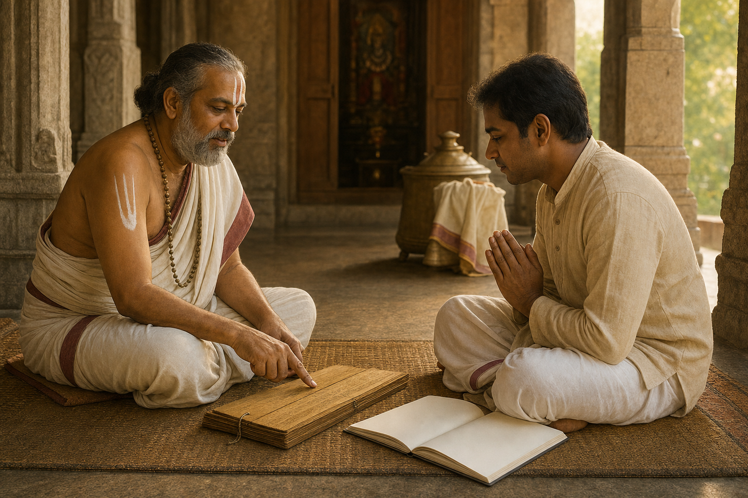 An acharya and an adult student discuss an open manuscript while seated in a quiet temple study hall.