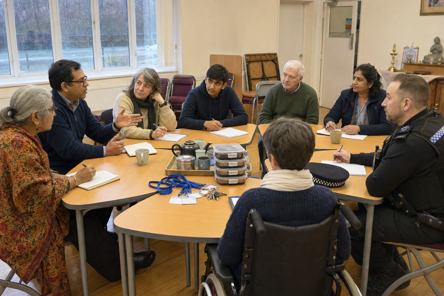 Community trustees, volunteers, residents, and public-service partners listen to one another during a round-table meeting in a British multipurpose hall.