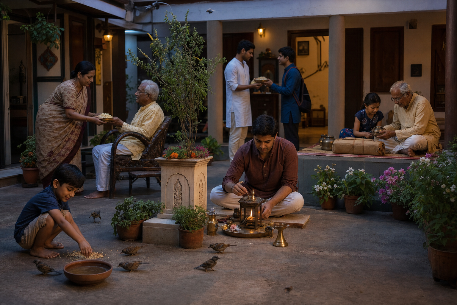 A multigenerational family tends a ritual flame, welcomes a guest, shares food, feeds birds, and passes family traditions to a child in a household courtyard.