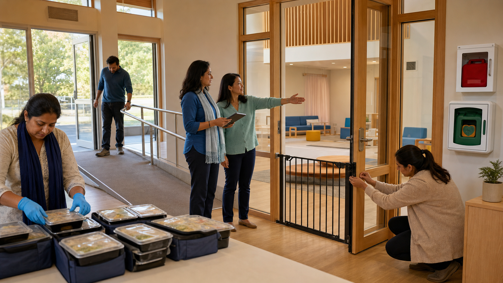 Volunteers prepare a clean, accessible community centre by checking reception, child-safety features, food parcels, and an entrance ramp.