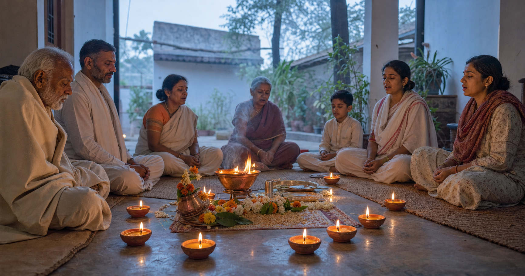 An intergenerational group chants in a home courtyard around a small ritual fire encircled by clay oil lamps at dawn.