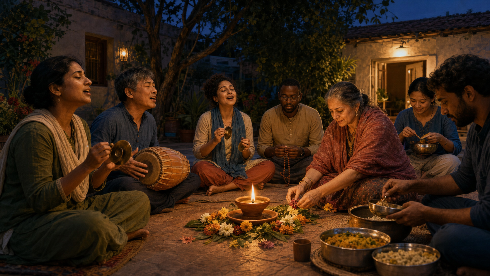 Practitioners sing, pray with beads, arrange flowers, and prepare food together around an oil lamp in a courtyard.