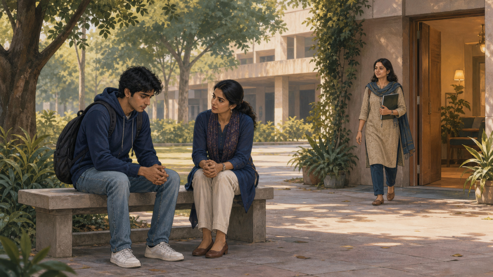 An Indian college student sits with a supportive adult in a campus courtyard as another support professional approaches from a nearby office.