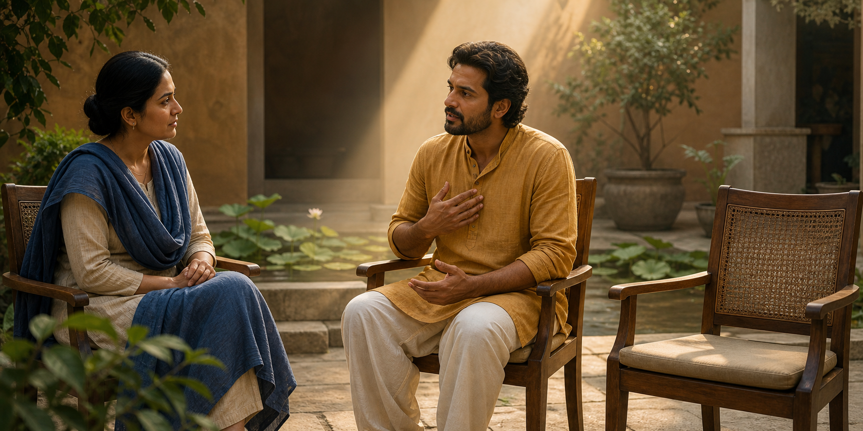 Two adults speak thoughtfully beside an empty chair in a sunlit courtyard while one pauses with a hand near the heart.