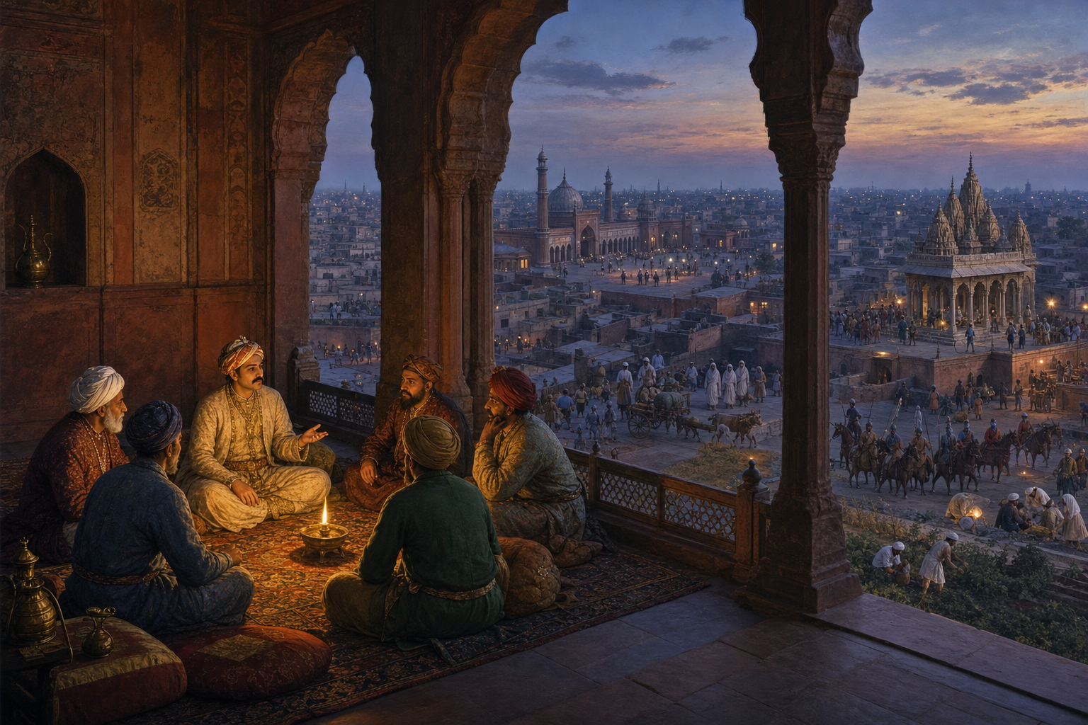 Akbar meets with a small circle of courtiers while a much larger and religiously diverse city continues beyond the chamber.