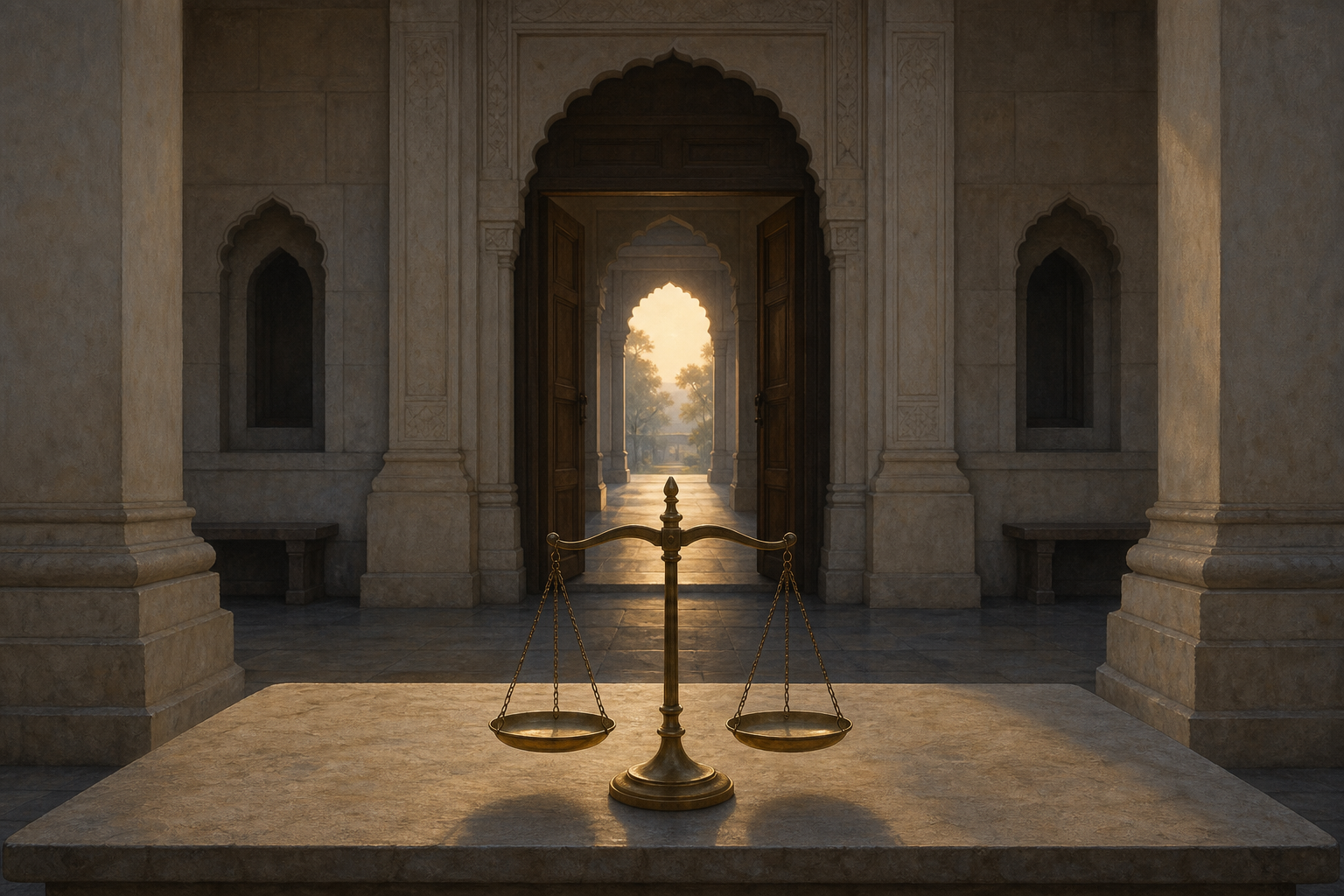 Brass balance scales stand on a stone table before the open door of a quiet, generic Indian district courthouse at dawn.
