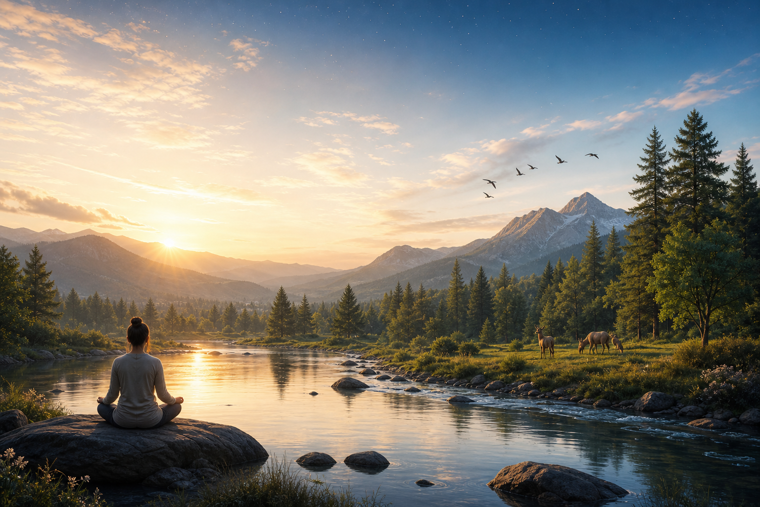 A seated figure beside still water is framed by a peaceful forest, river, animals, and an expansive dawn sky.
