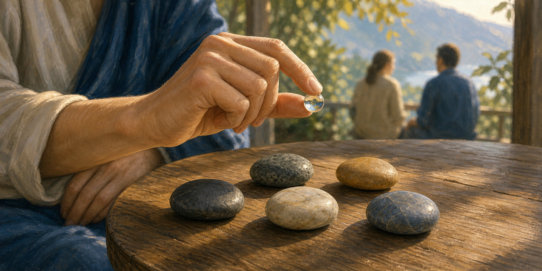 A person holds a clear glass bead above five river stones on a table as two people wait in the background.