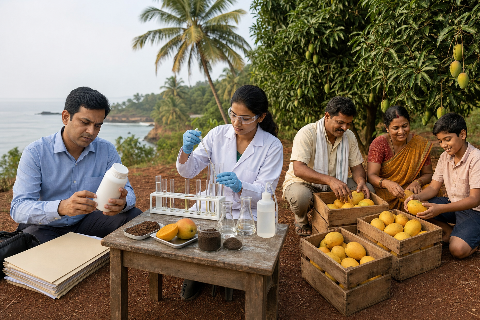 A regulator checks pesticide records, a scientist tests mango and soil samples, and an orchard family packs mangoes in three connected parts of a Konkan farm scene.