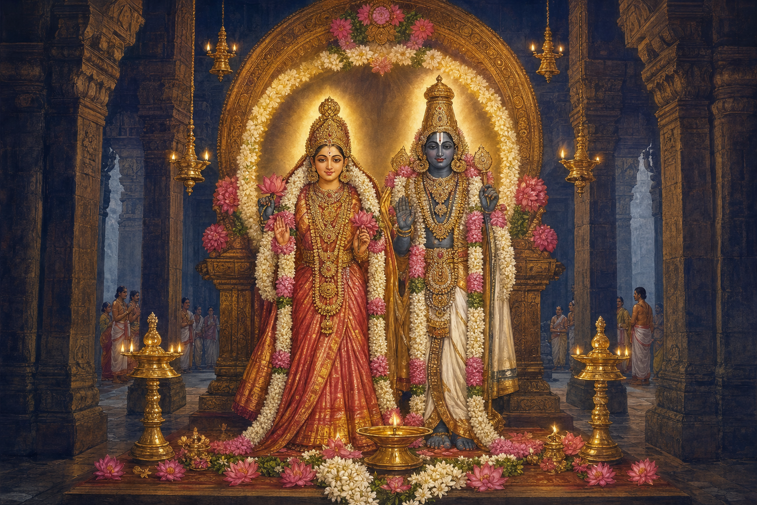 Devotional illustration of Kamalavalli Nachiyar and Azhagiya Manavala Perumal adorned for their sacred wedding in a lamp-lit stone sanctum.