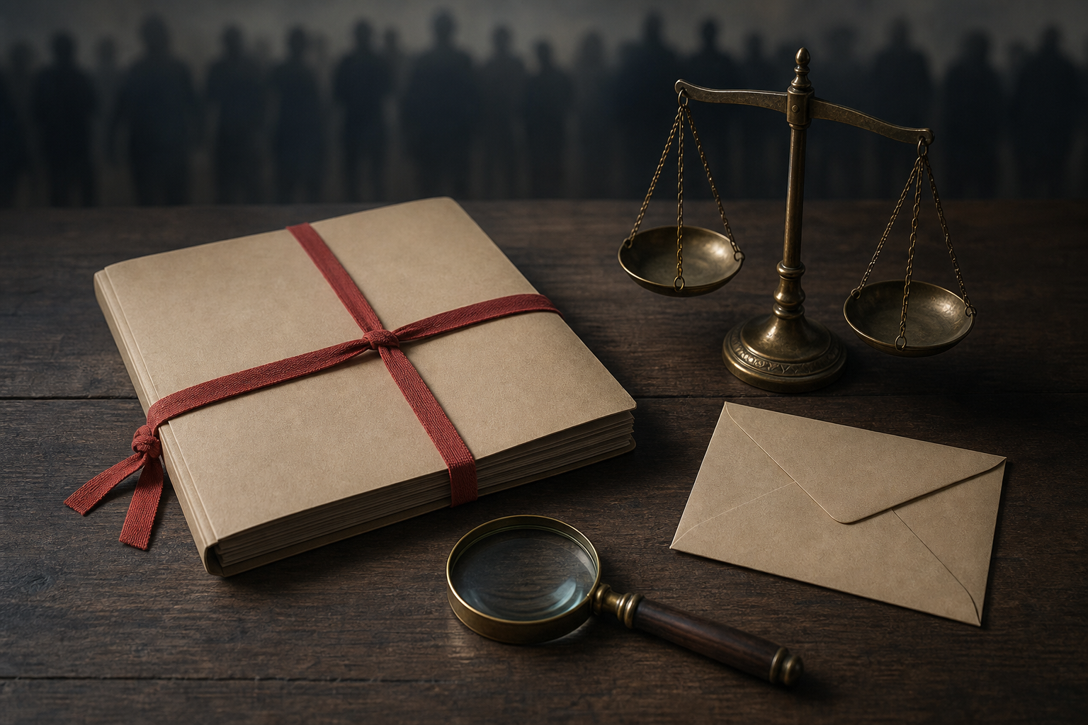 An unmarked court file, sealed envelope, magnifying glass, and brass balance scales sit under focused light on a wooden table.