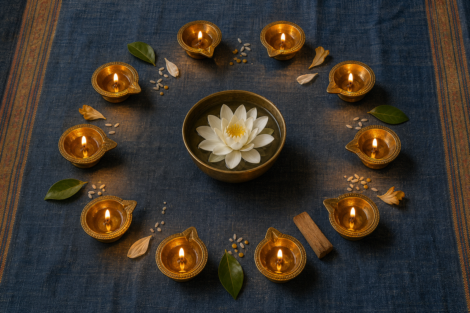 Ten lit brass oil lamps form a circle around a bowl of water and a white lotus on woven cloth.