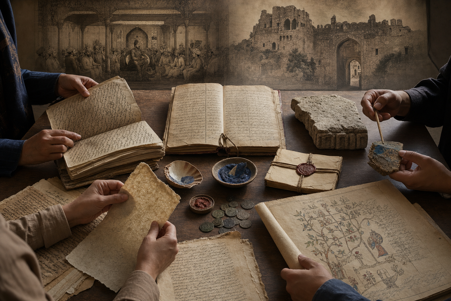 Researchers compare chronicles, records, coins, and material evidence beside imagined scenes of a court and a ruined fortress gate.