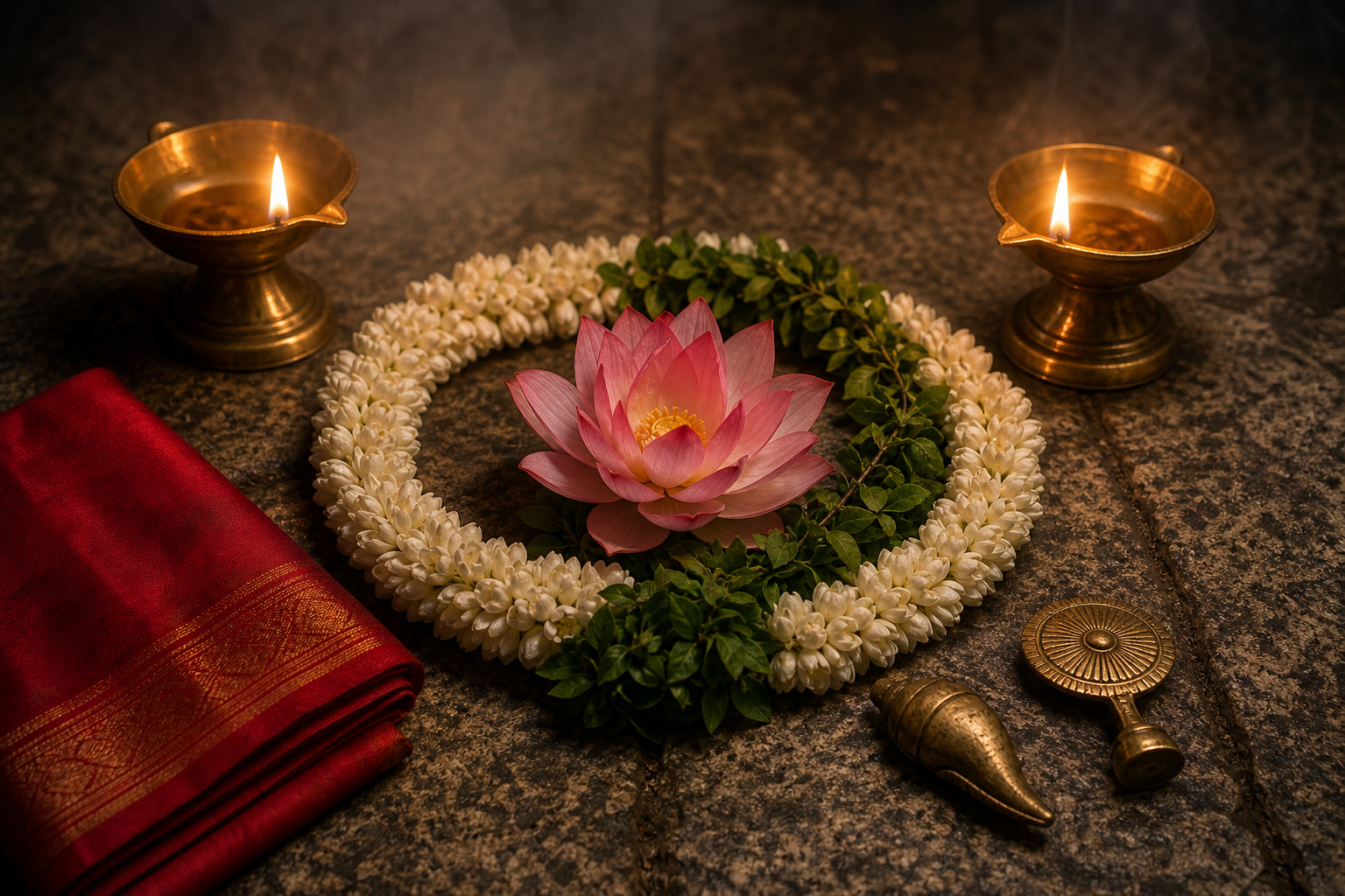 Overlapping wedding garlands, a lotus, brass Vaishnava emblems, bridal silk, jasmine, tulasi, and oil lamps arranged on a temple floor.