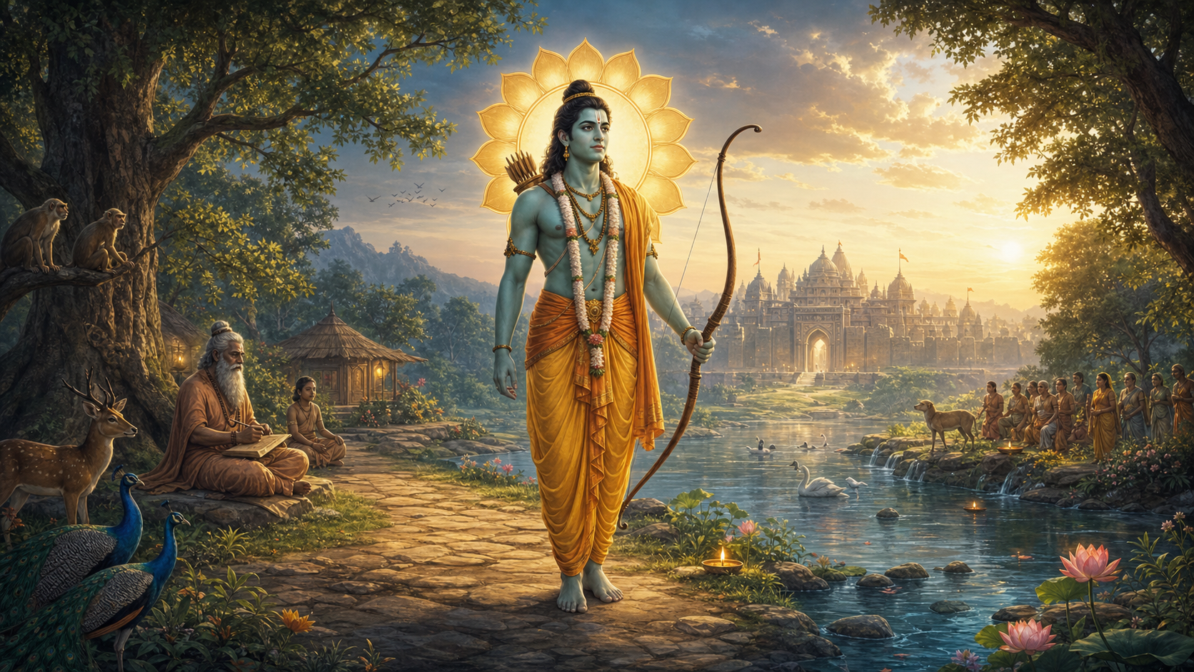 Rama stands with a lowered bow before a forest, river, and distant city, framed by a luminous sixteen-petaled lotus halo.