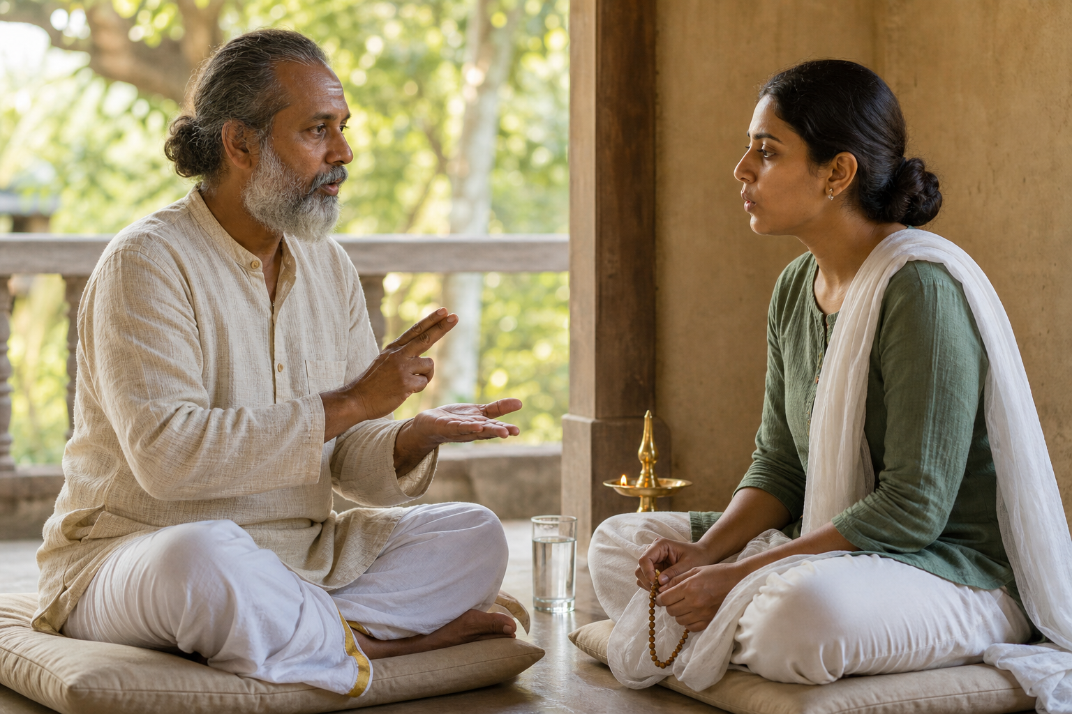 A teacher demonstrates rhythm with a hand gesture while an adult student listens and practices breathing on a shaded veranda.