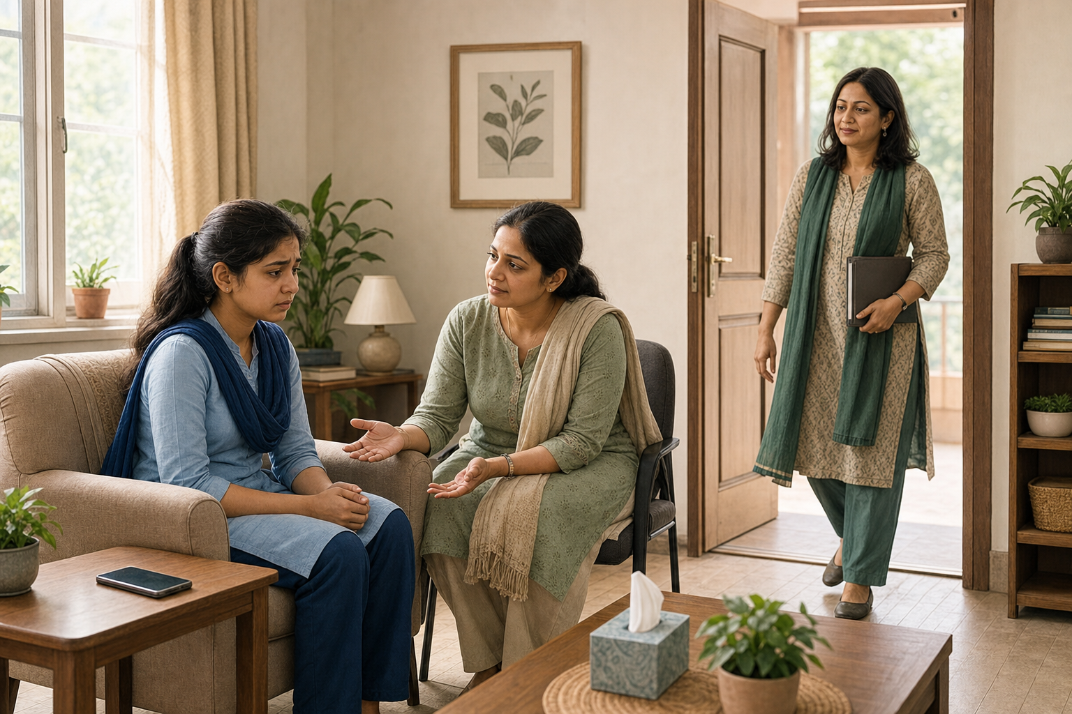 A distressed student remains with a teacher in an Indian school counselling room while a counsellor arrives through the open door.