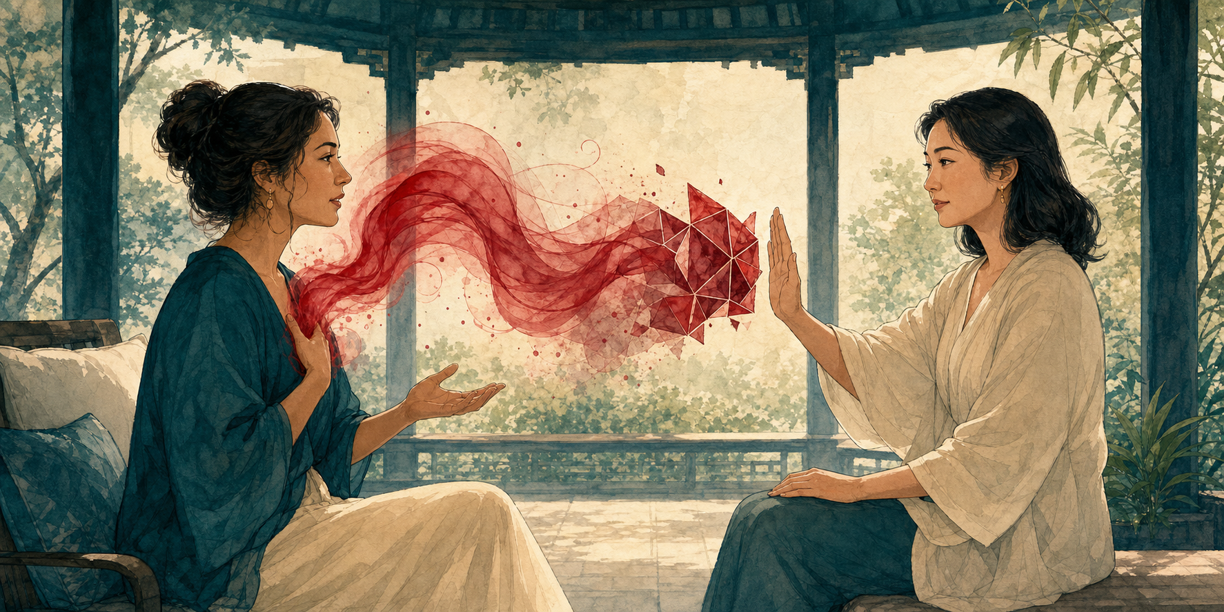 A red translucent swirl between two seated people begins to form a hard faceted shape as the listener raises an open hand.
