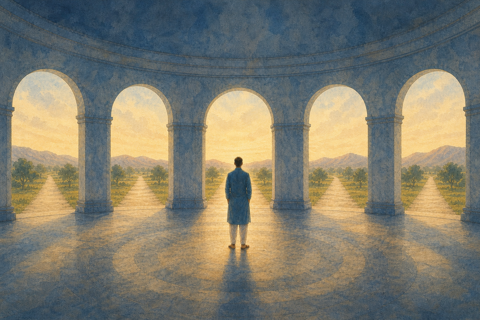 An anonymous adult stands in a circular pavilion where several open pathways lead through unmarked arches toward a sunlit landscape.