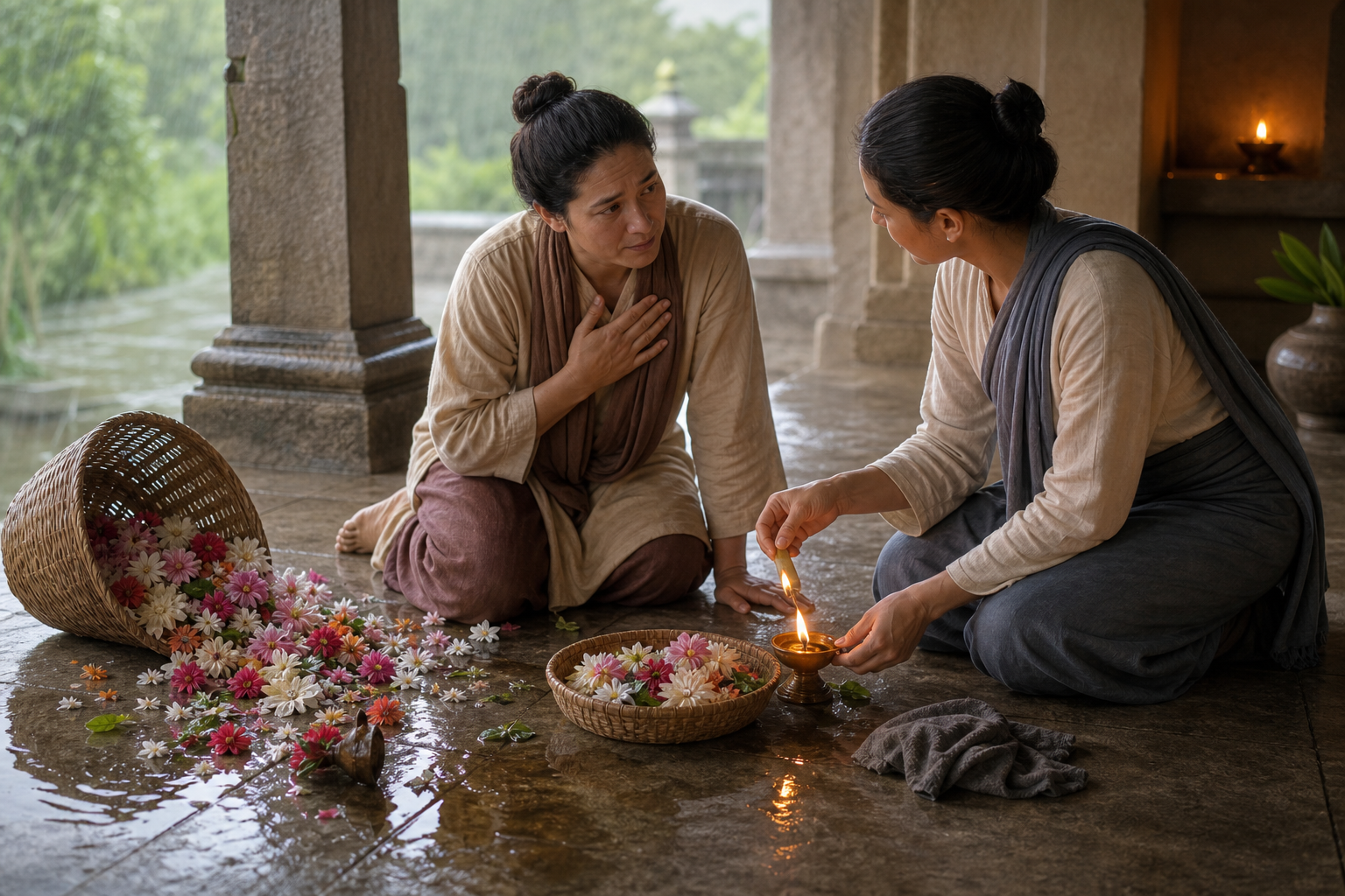Two practitioners gather spilled flowers, clean an oil lamp, and relight it together on a temple veranda.