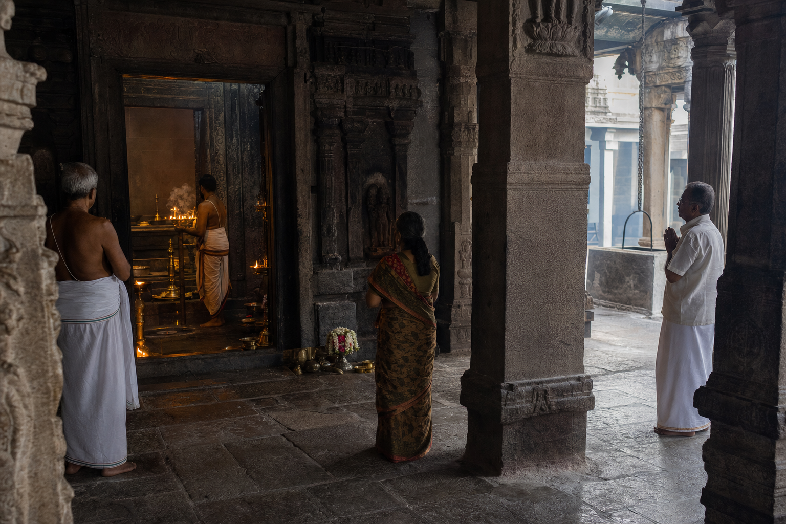Devotees standing among carved stone pillars as a priest performs a quiet oil-lamp offering inside a Tamil Vaishnava temple.