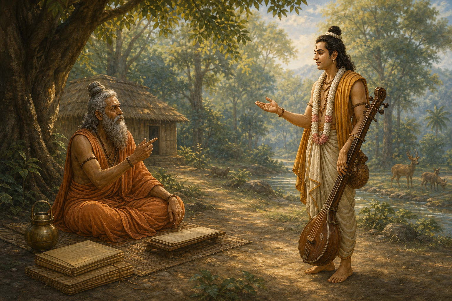 Valmiki and Narada converse beneath a tree in a forest hermitage, with a vina, palm-leaf manuscripts, and a thatched hut nearby.