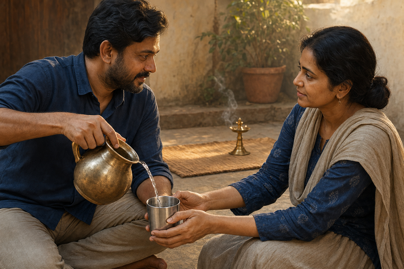 One person offers a cup of water to another in a courtyard as their relaxed posture suggests a softened disagreement.