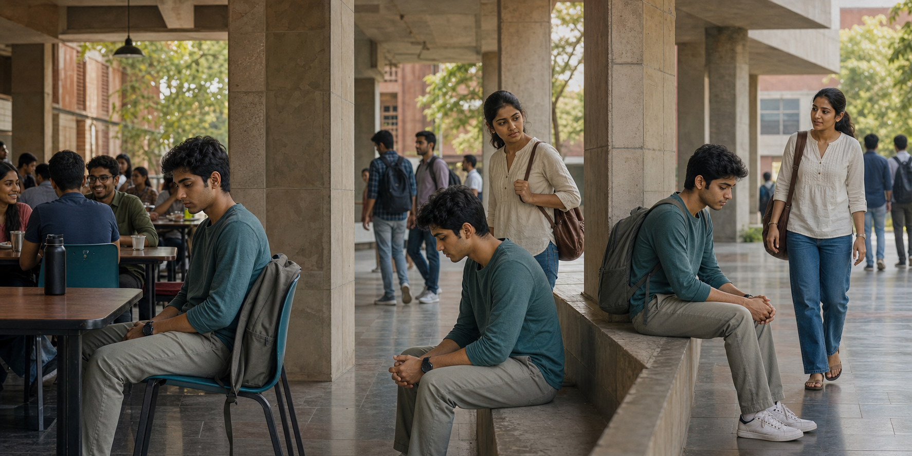 An Indian university student appears withdrawn in a canteen and corridor while a classmate notices and approaches with concern.